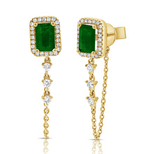 Load image into Gallery viewer, 14K Gold Diamond &amp; Emerald Dangle Chain Stud Earrings