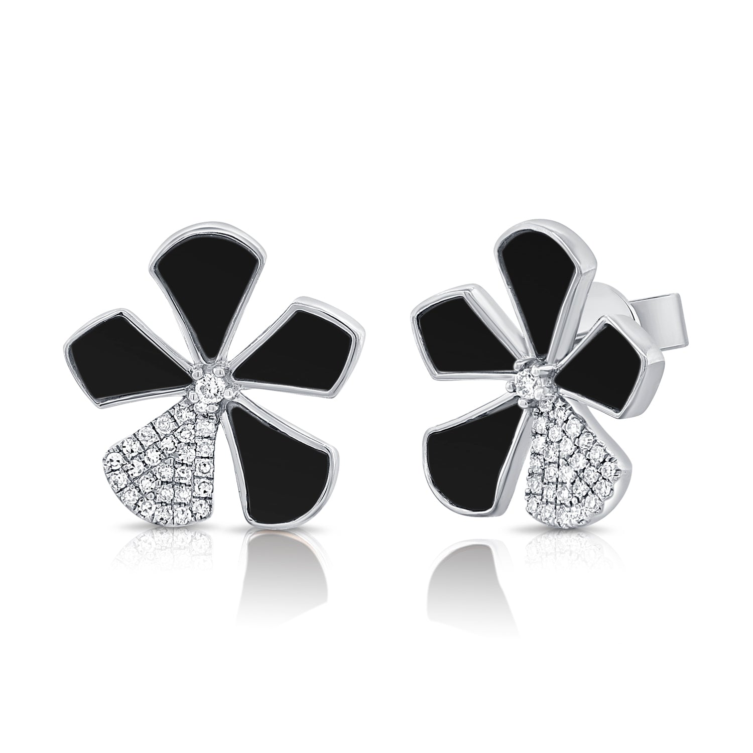 14K Gold Diamond & Onyx Flower Stud Earrings - 0.04 CT