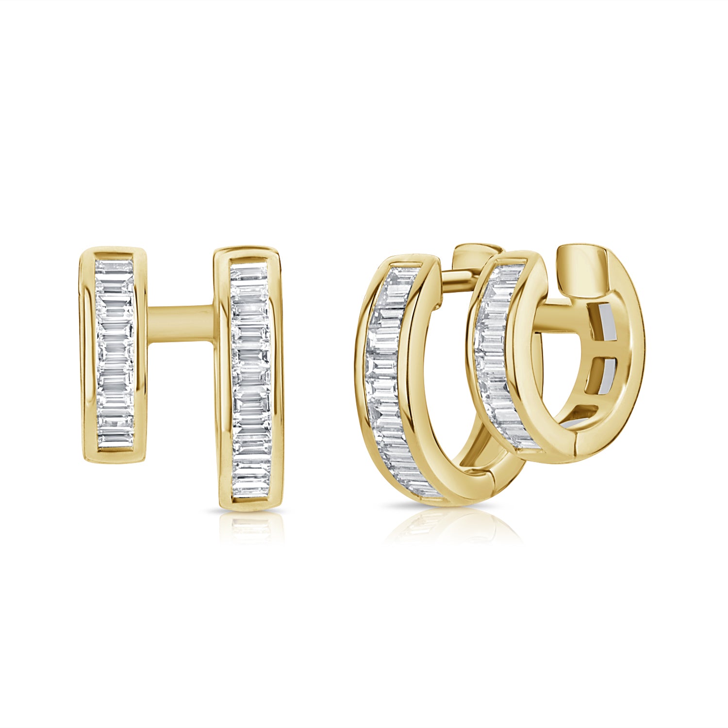 14K Gold Baguette Diamond Cuff Huggie Earrings - 1.34 CT