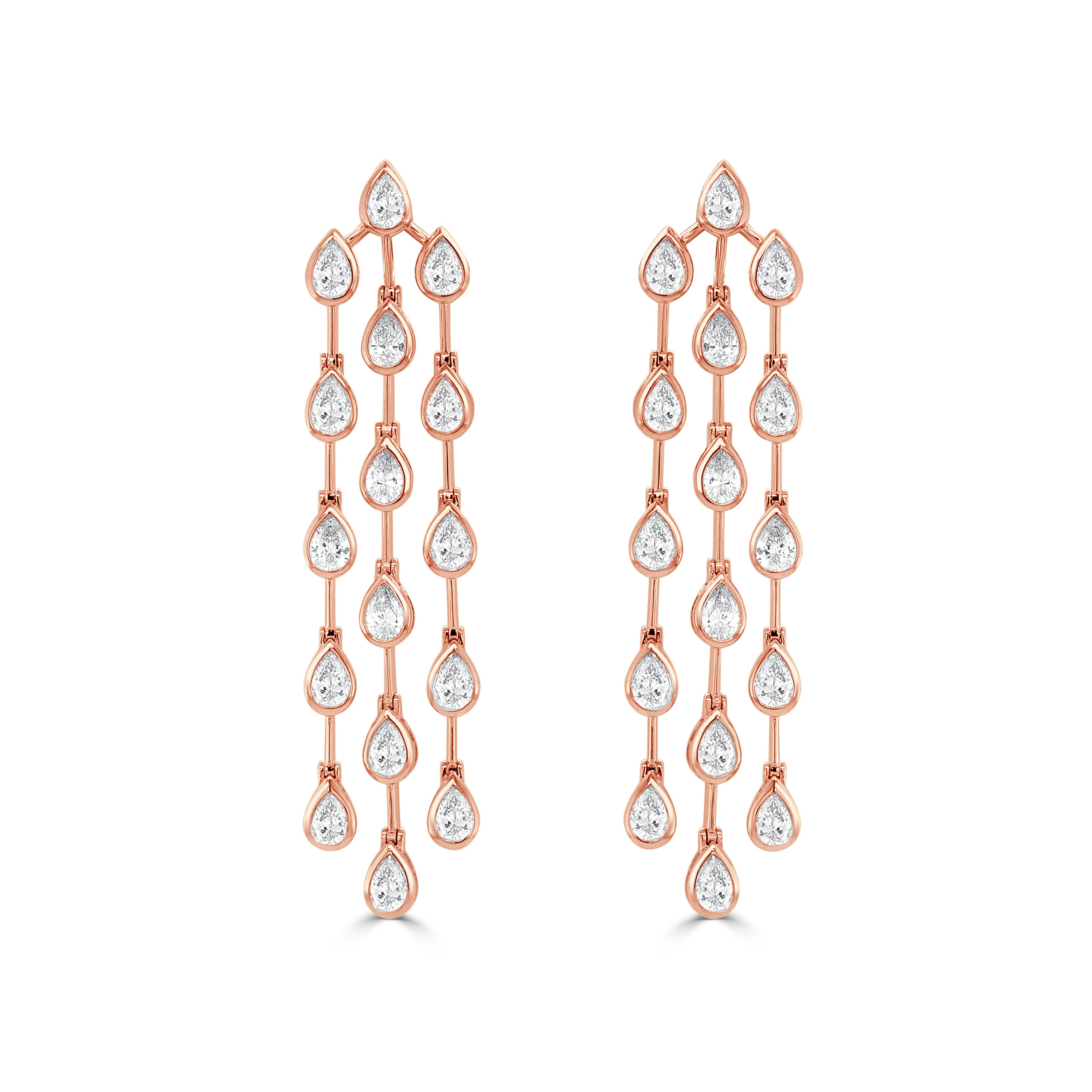14K Gold Bezel Set Pear Shape Diamond Triple Drop Earrings - 3.78 CT