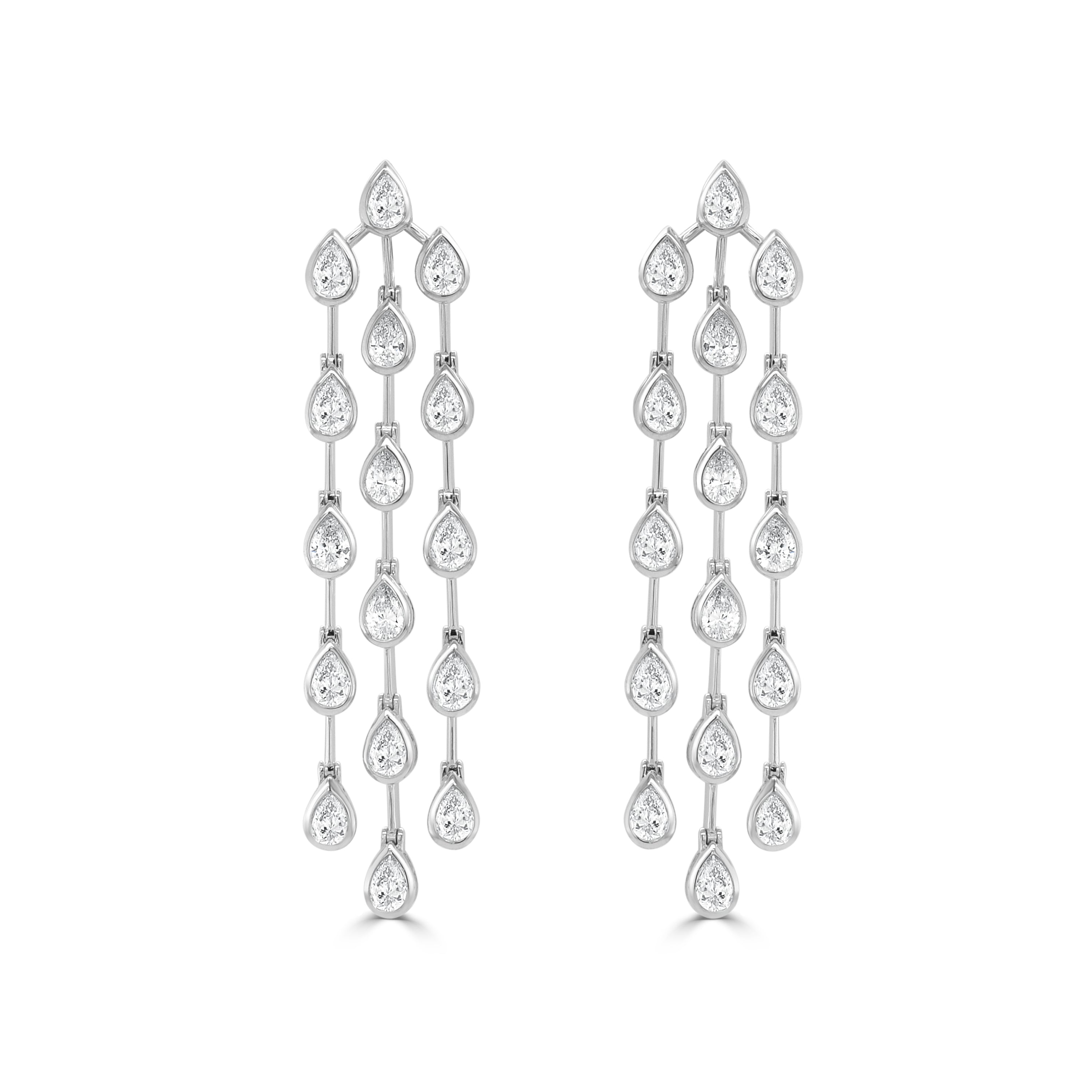 14K Gold Bezel Set Pear Shape Diamond Triple Drop Earrings - 3.78 CT