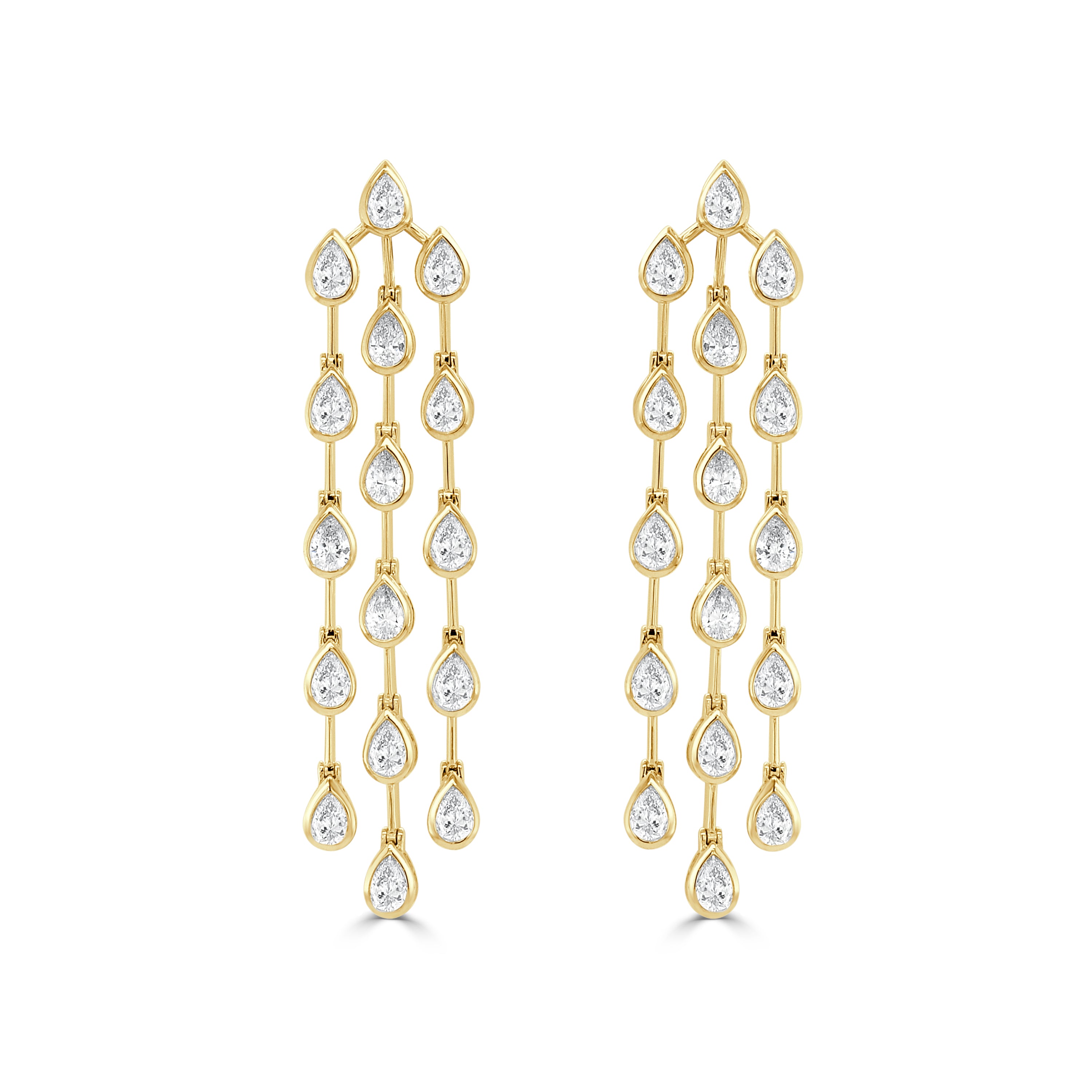 14K Gold Bezel Set Pear Shape Diamond Triple Drop Earrings - 3.78 CT