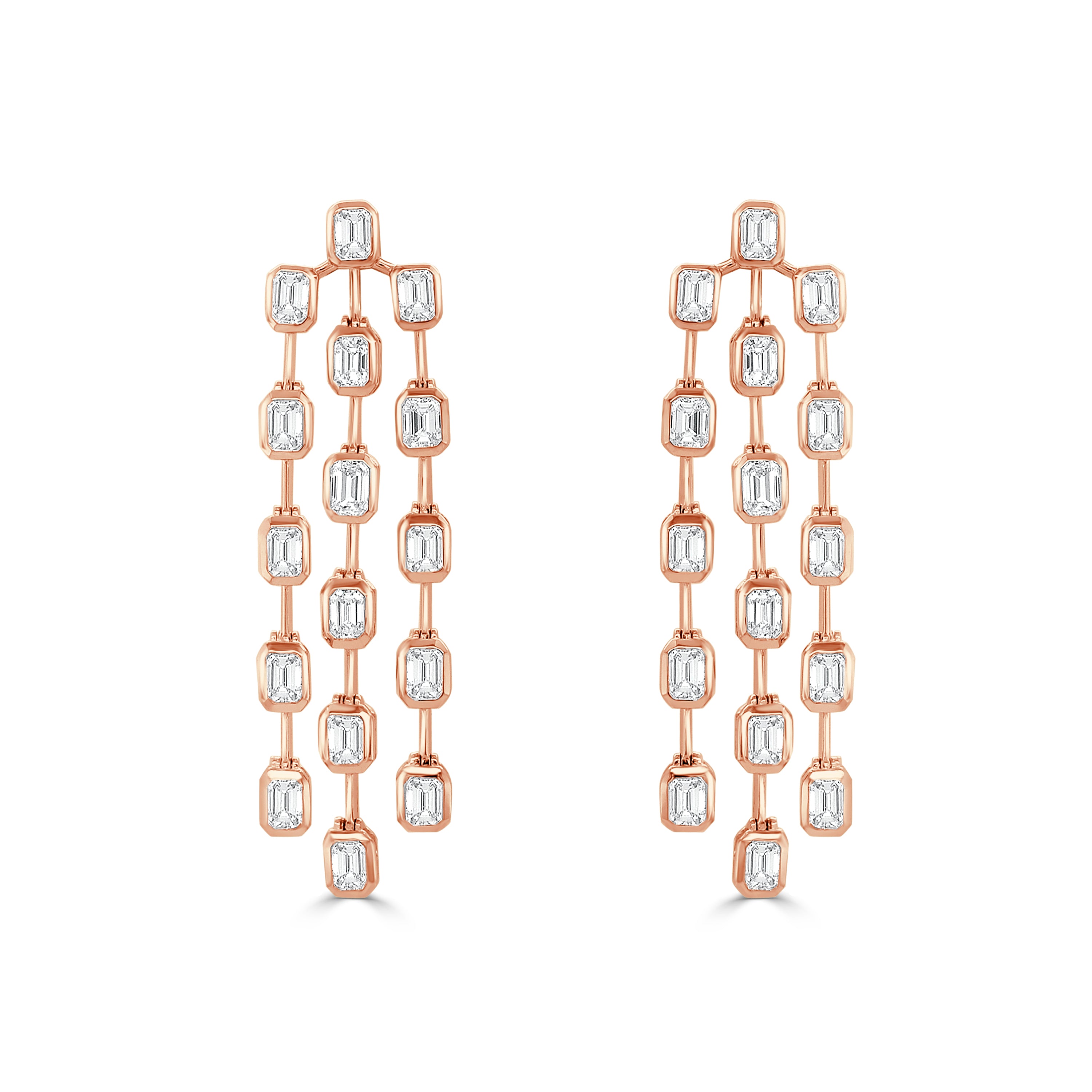 14K Gold Bezel Set Emerald Cut Diamond Triple Drop Earrings - 3.78 CT.