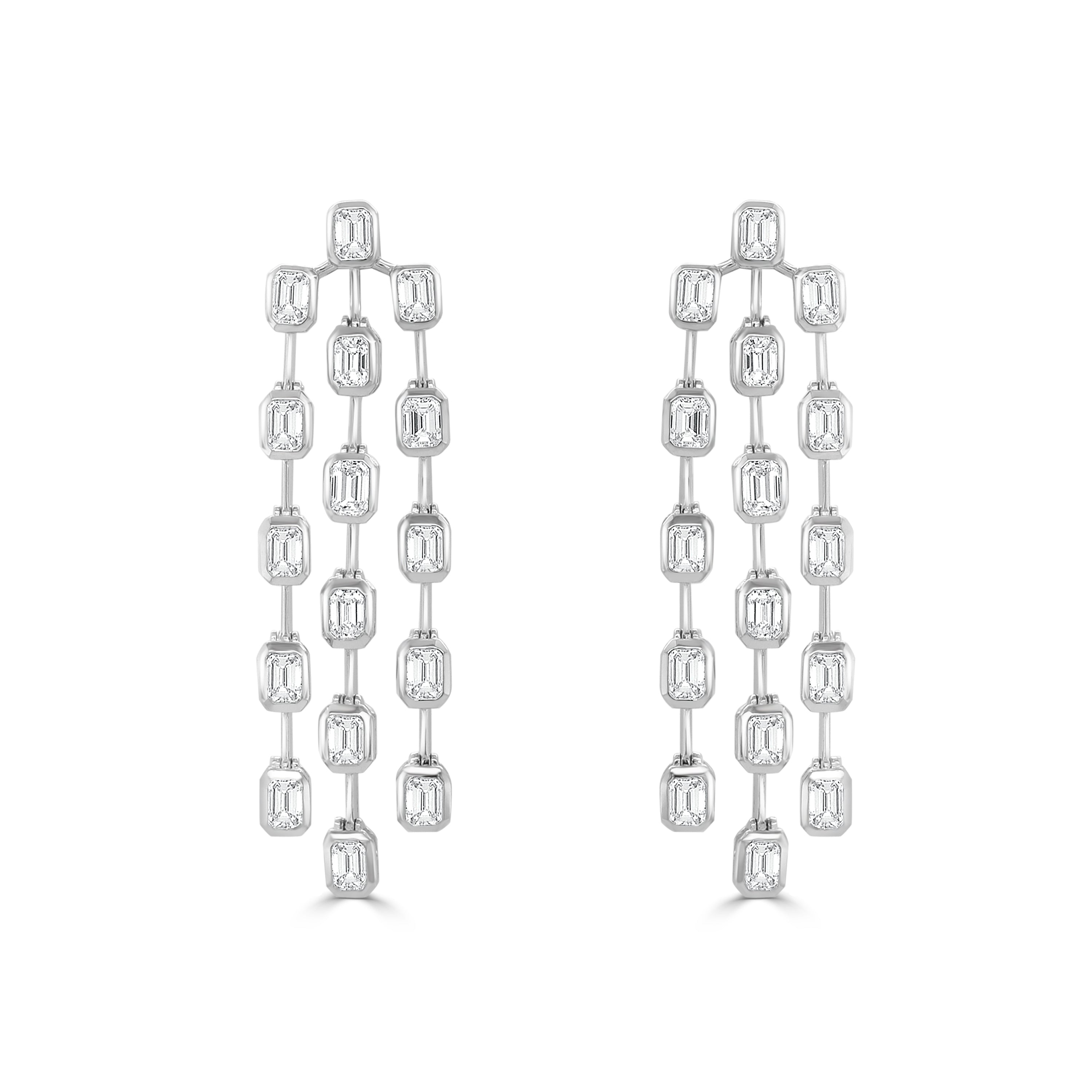 14K Gold Bezel Set Emerald Cut Diamond Triple Drop Earrings - 3.78 CT.