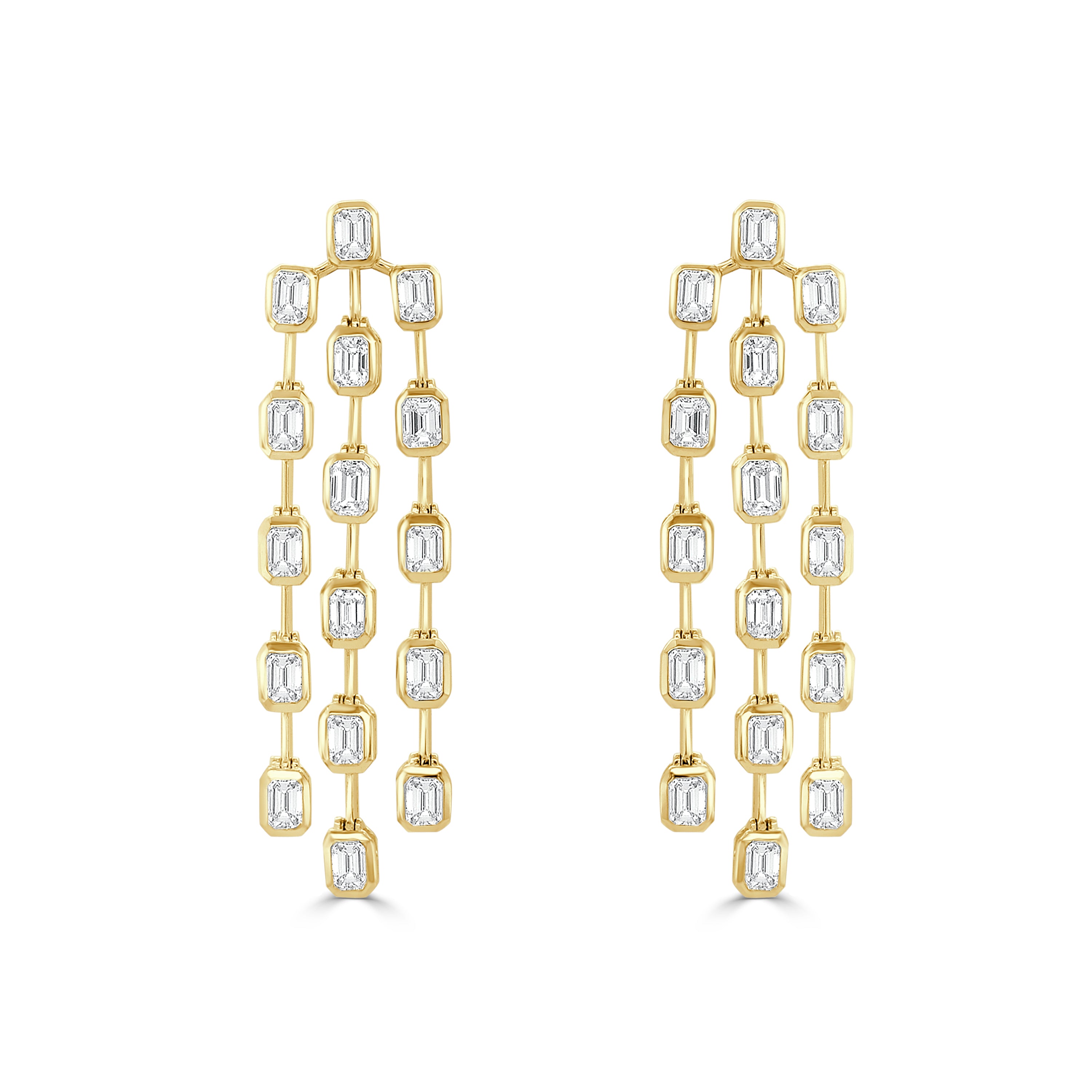 14K Gold Bezel Set Emerald Cut Diamond Triple Drop Earrings - 3.78 CT.