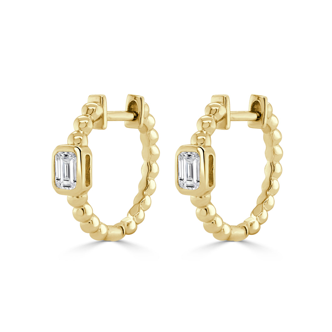 14K Gold Emerald Cut Diamond Huggie Earrings