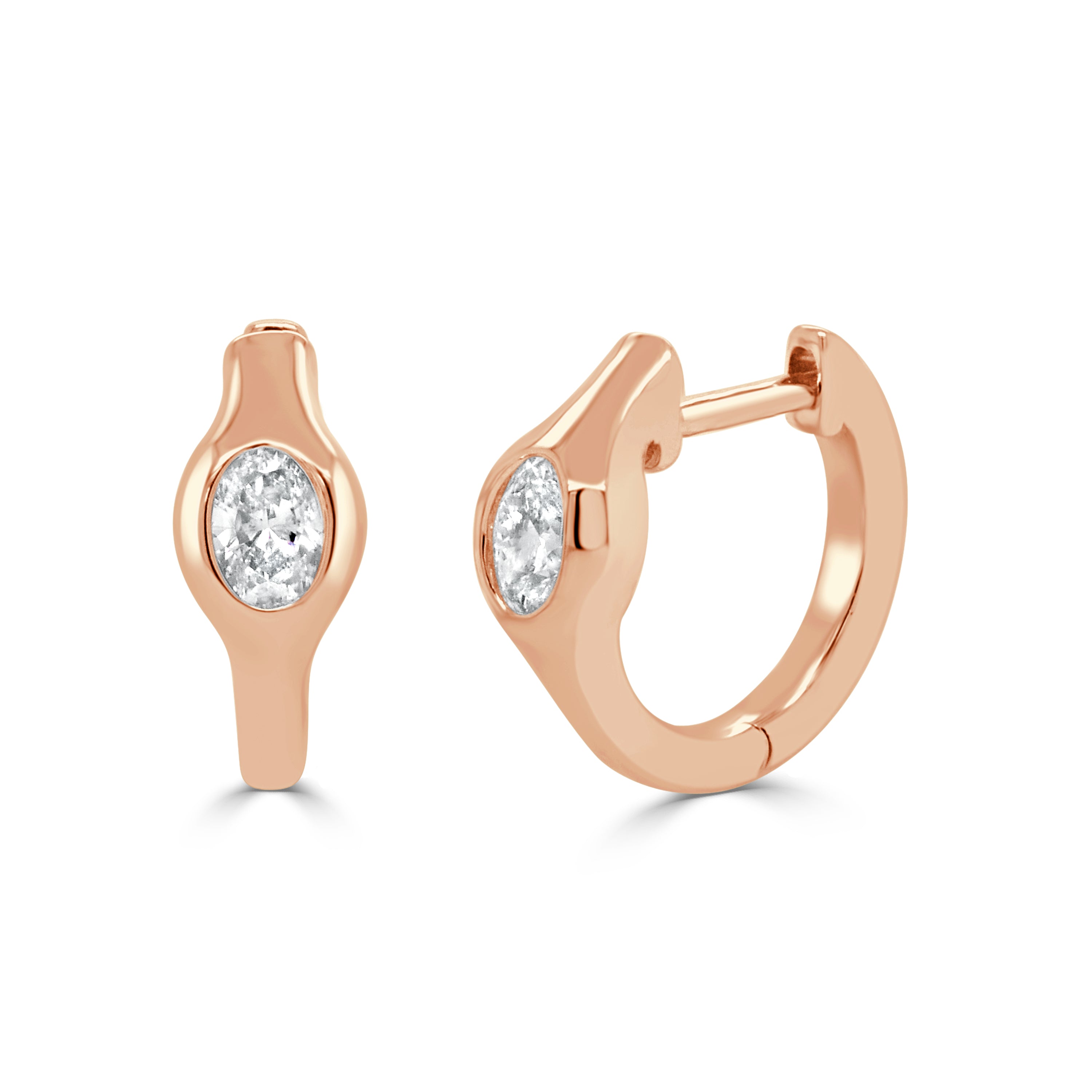 14K Gold Oval Diamond Huggie Earrings - 0.32ct