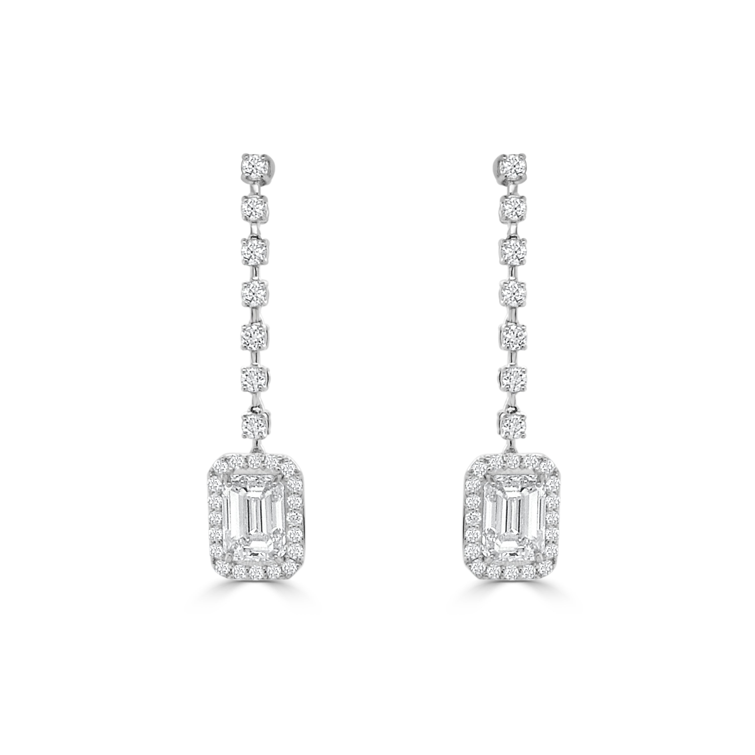 14K Gold Diamond Emerald Cut Drop Earrings - 1.73 CT