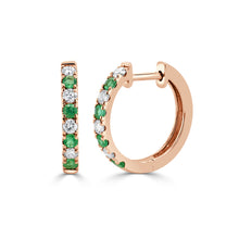 Load image into Gallery viewer, 14K Gold Emerald &amp; Diamond Alternating Huggie Earrings