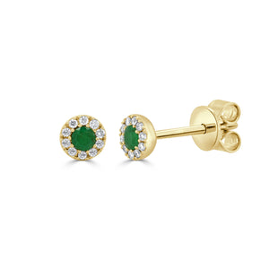 14K Gold Emerald & Diamond Round Stud Earrings
