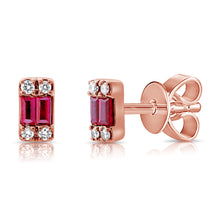 Load image into Gallery viewer, 14K Gold Diamond &amp; Baguette Ruby Tiny Stud Earrings
