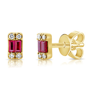 14K Gold Diamond & Baguette Ruby Tiny Stud Earrings