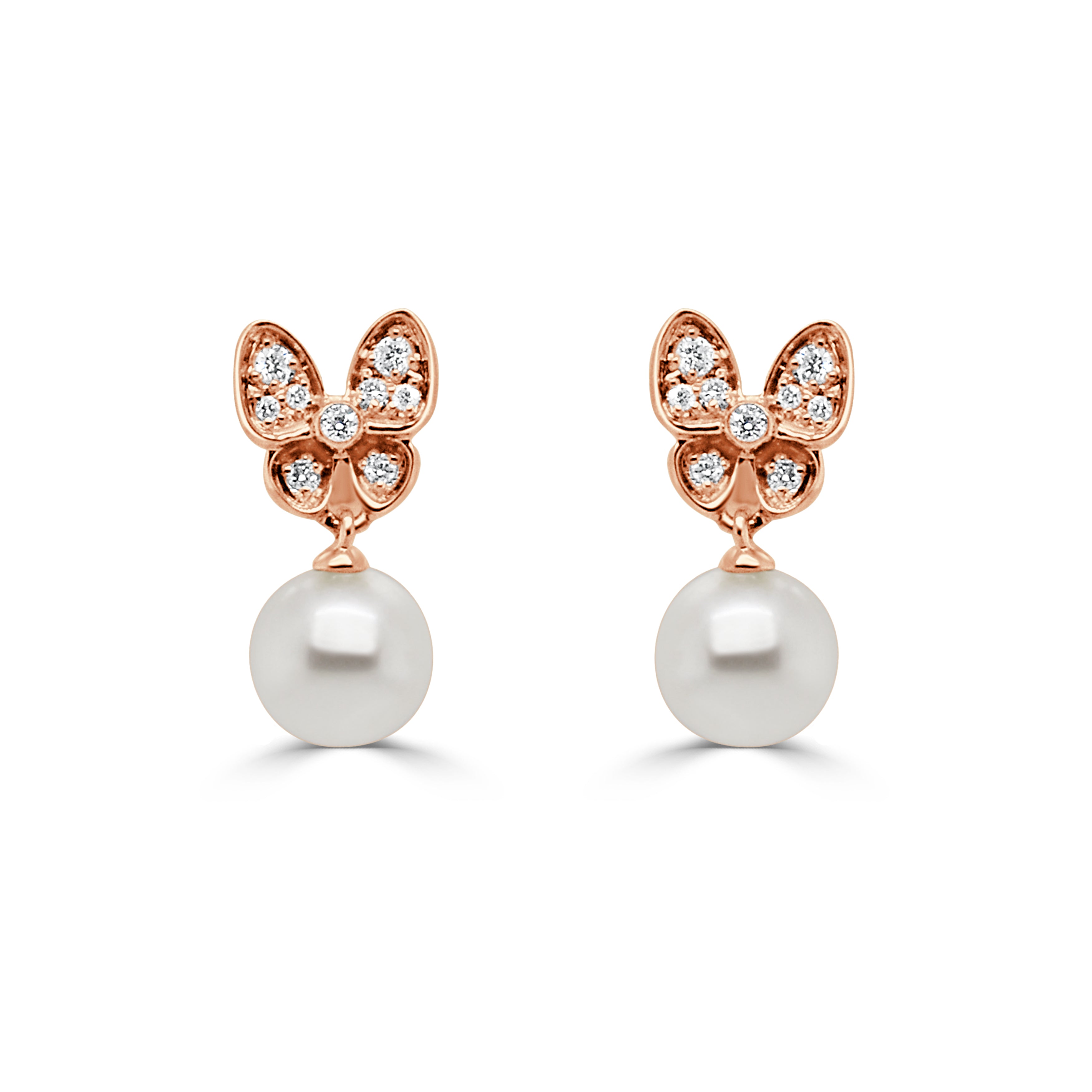 14K Gold Diamond Pearl Butterfly Earrings - 0.10 CT