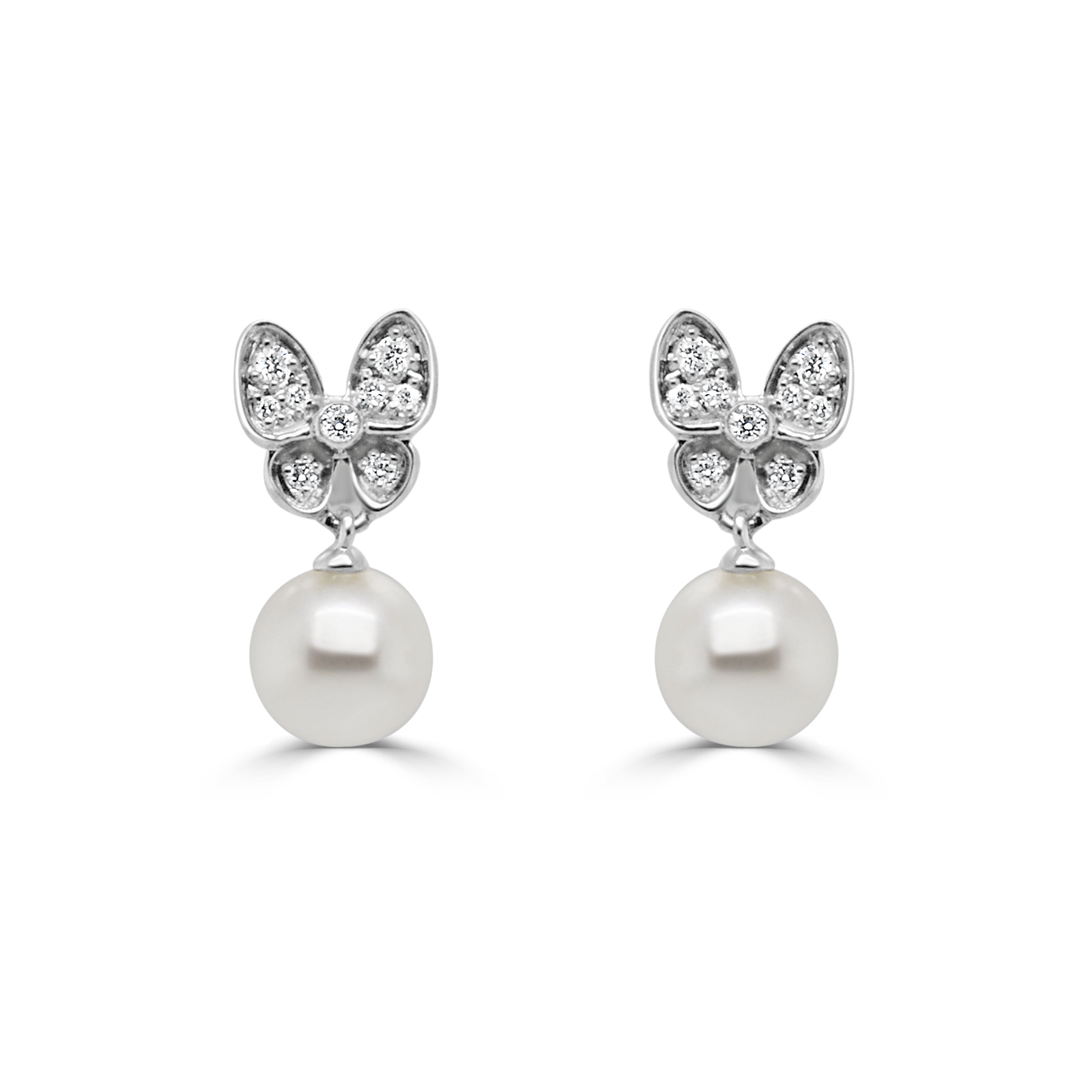 14K Gold Diamond Pearl Butterfly Earrings - 0.10 CT