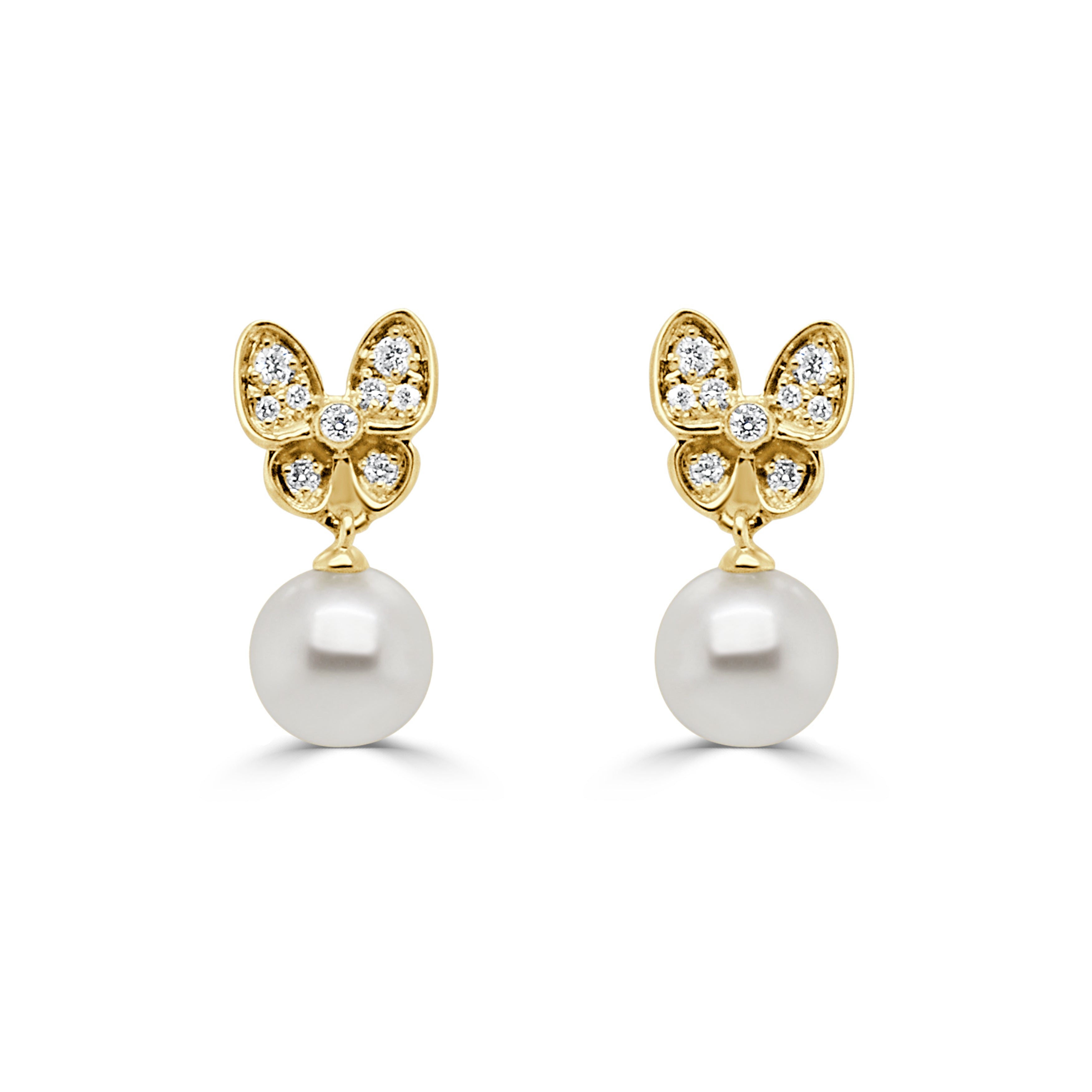 14K Gold Diamond Pearl Butterfly Earrings - 0.10 CT