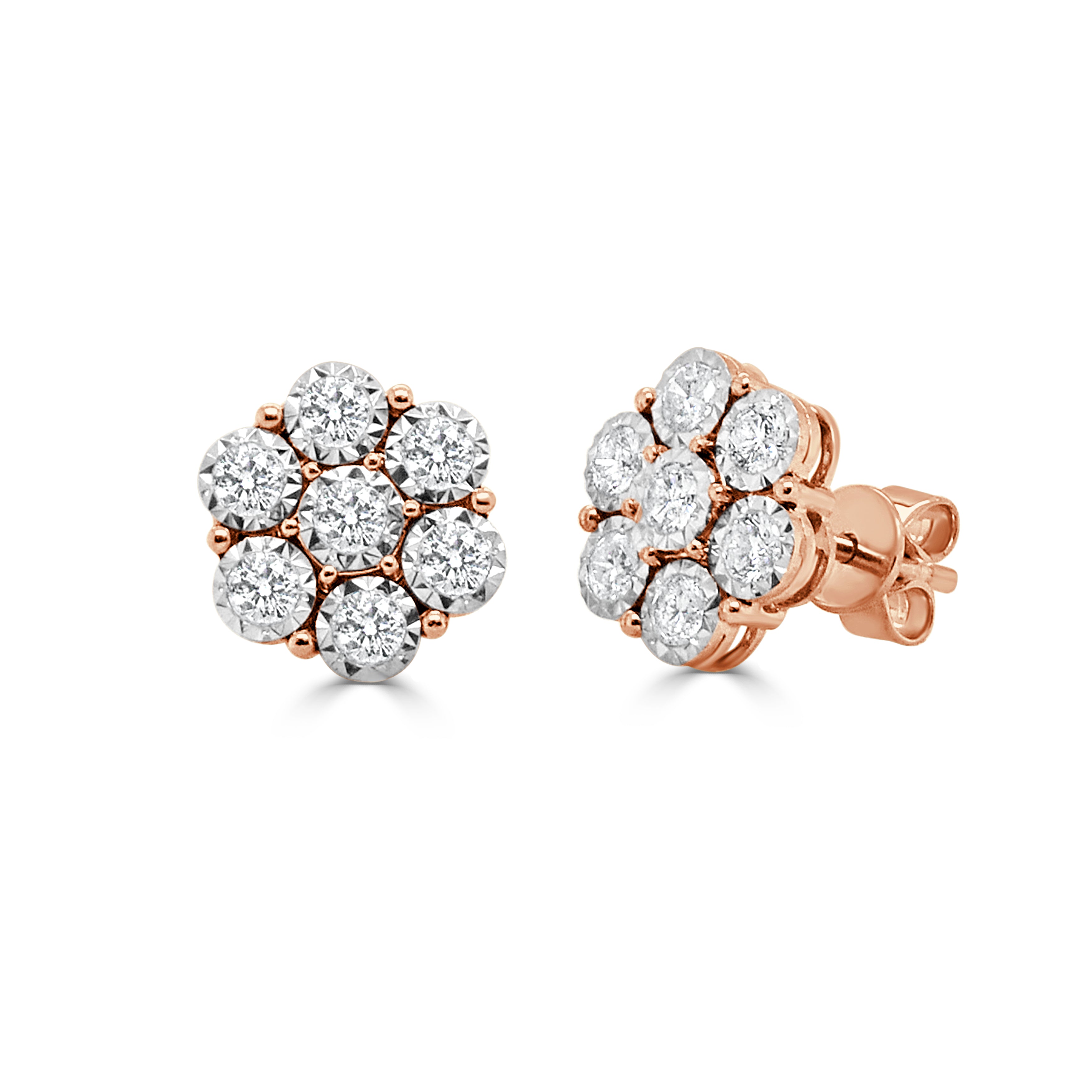 14K Gold Diamond Flower Stud Earrings - 0.72 CT