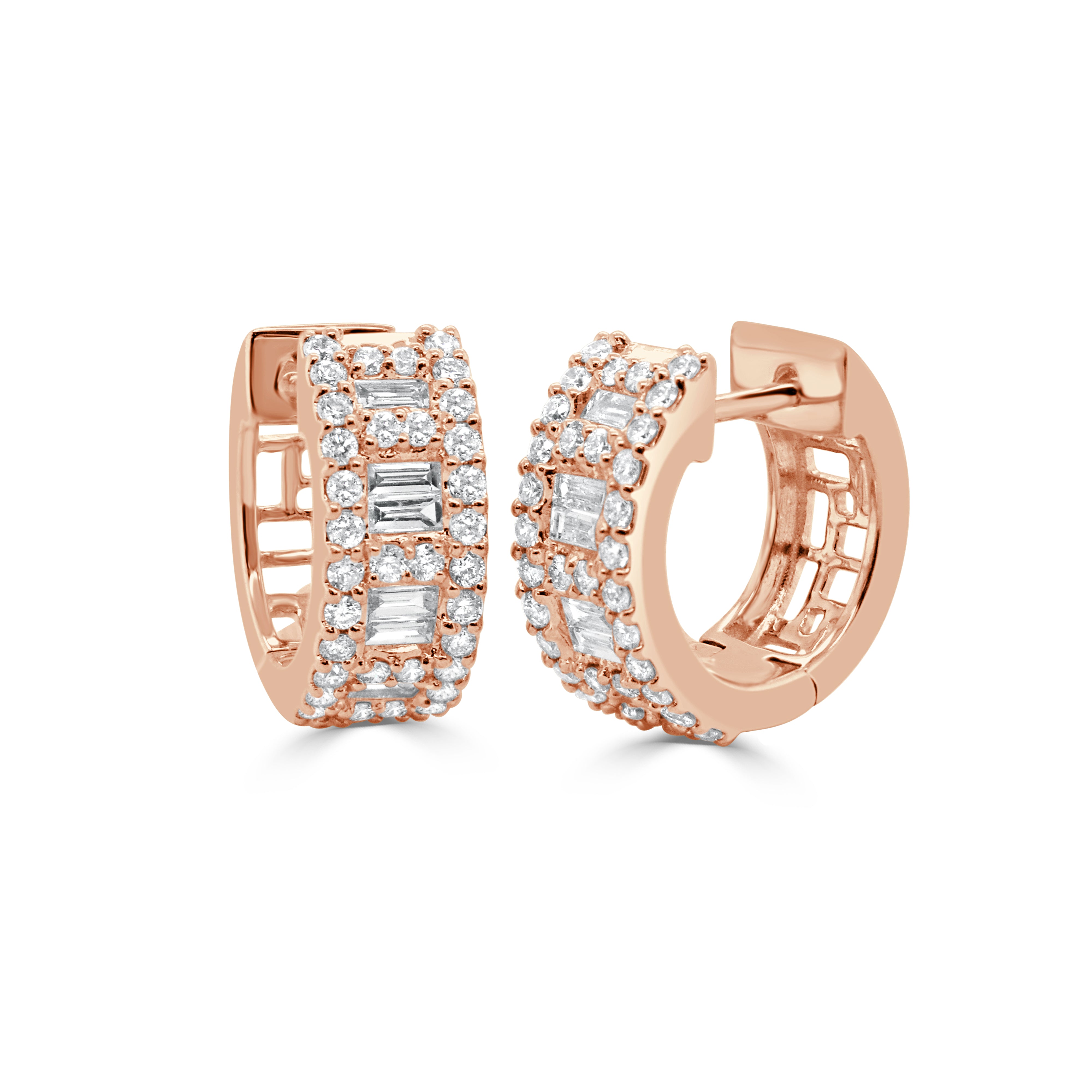 14K Gold Round Diamond and Baguette Huggie - 0.76ct