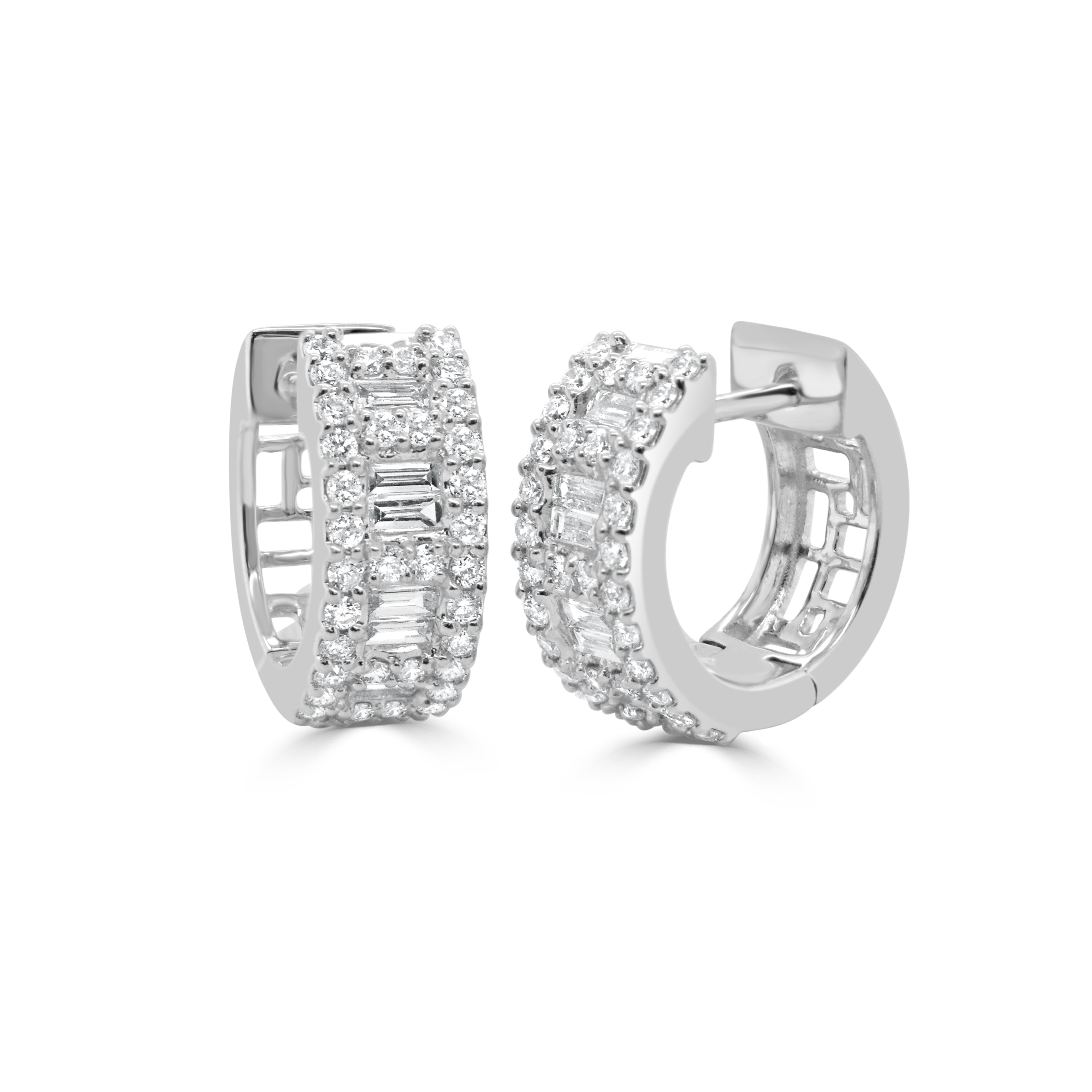 14K Gold Round Diamond and Baguette Huggie - 0.76ct