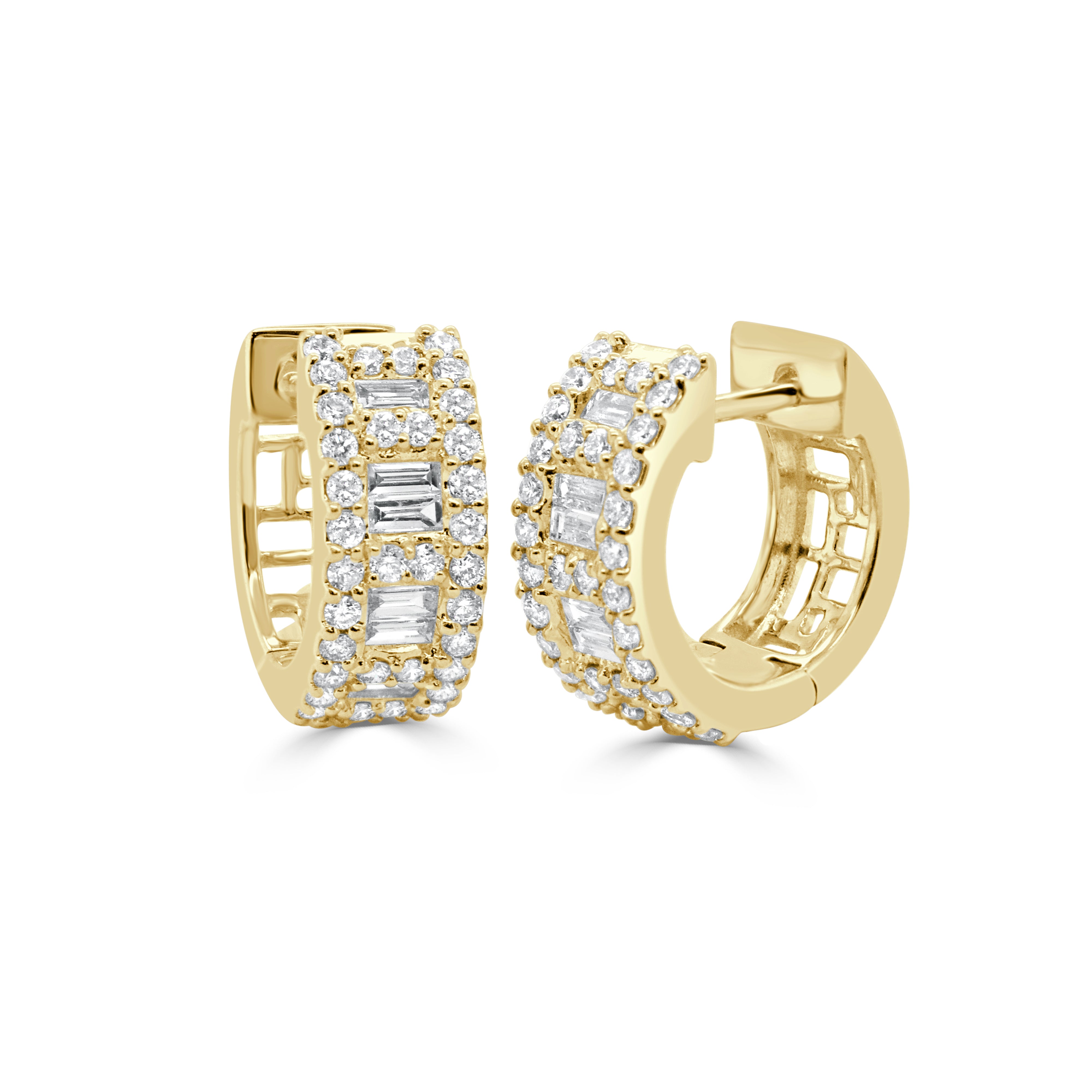 14K Gold Round Diamond and Baguette Huggie - 0.76ct