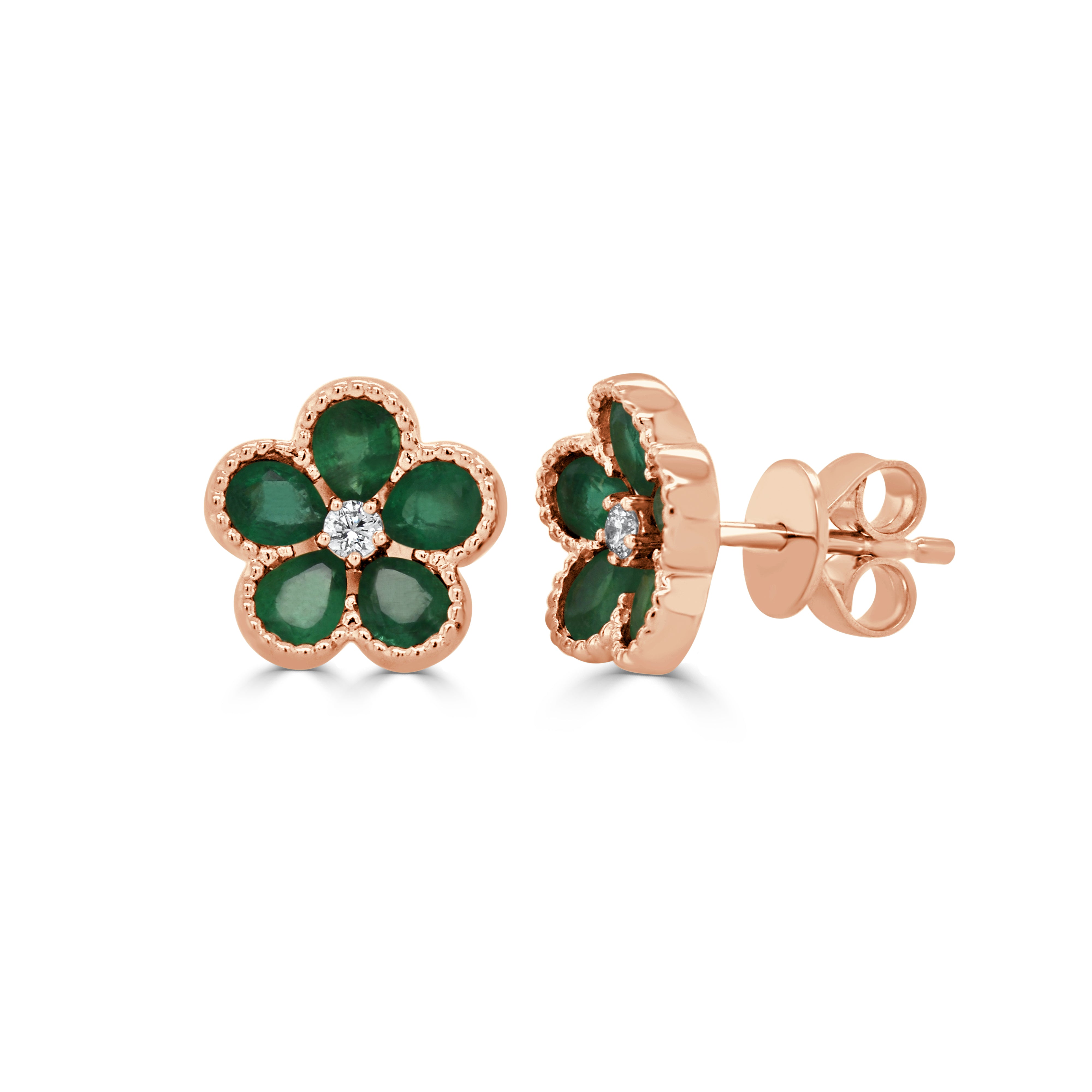 14K Gold Round Diamond & Pear Emerald Flower Earrings