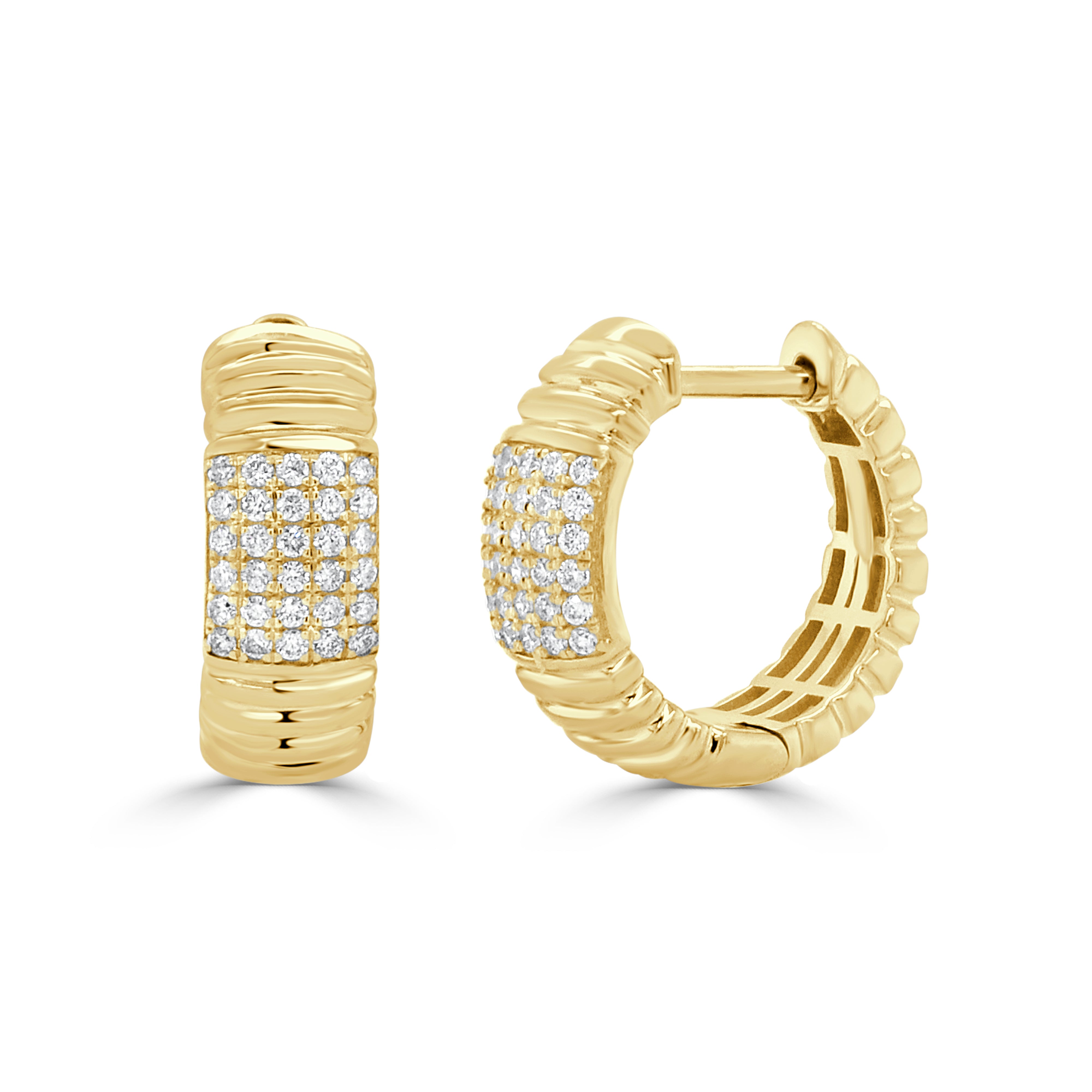 14K Gold Diamond Fluted Huggie Earrings