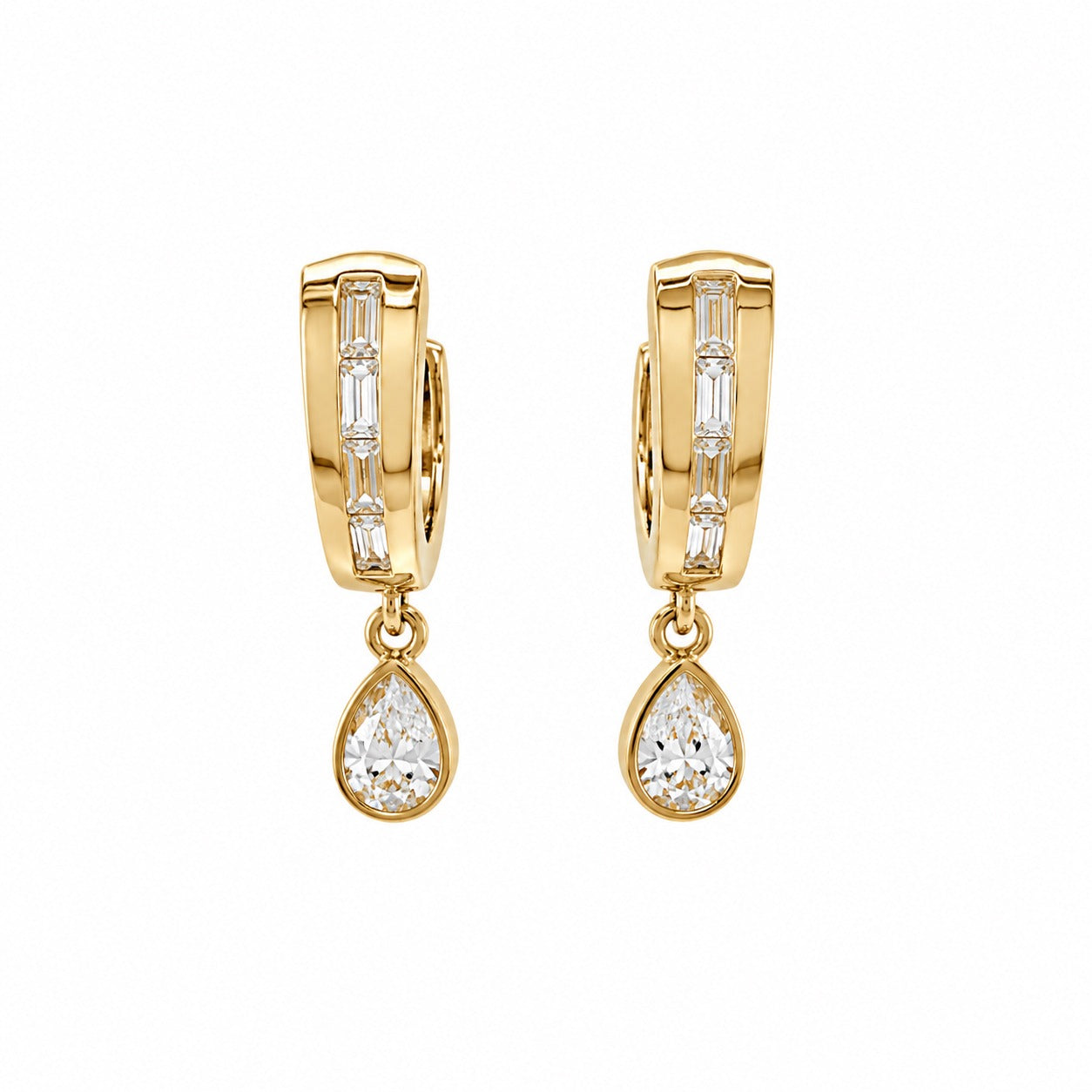14K Gold Baguette Diamond & Pear Shape Drop Earrings- 1.74 CT