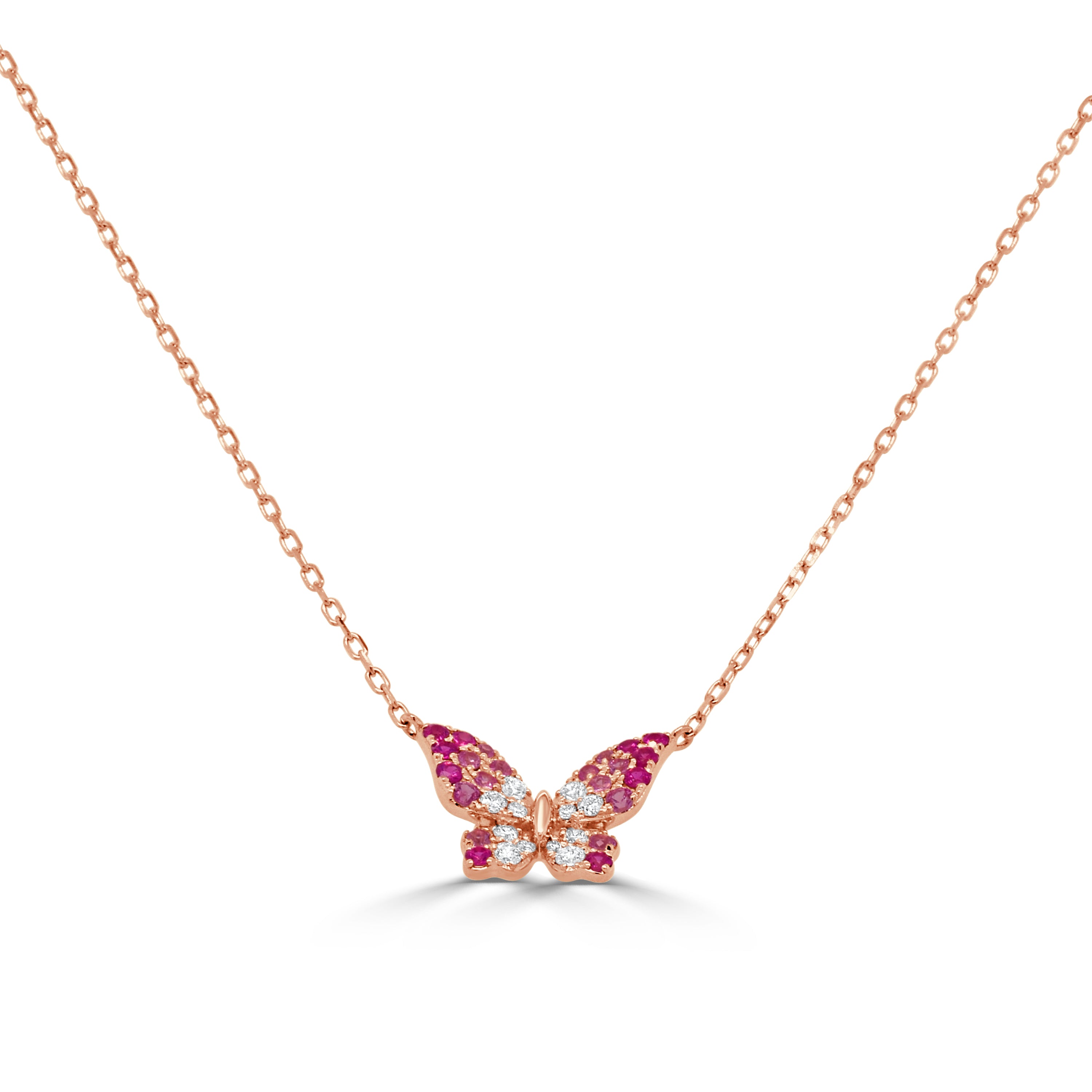 14K Gold Diamond & Pink Sapphire Butterfly Necklace - 0.14 CT
