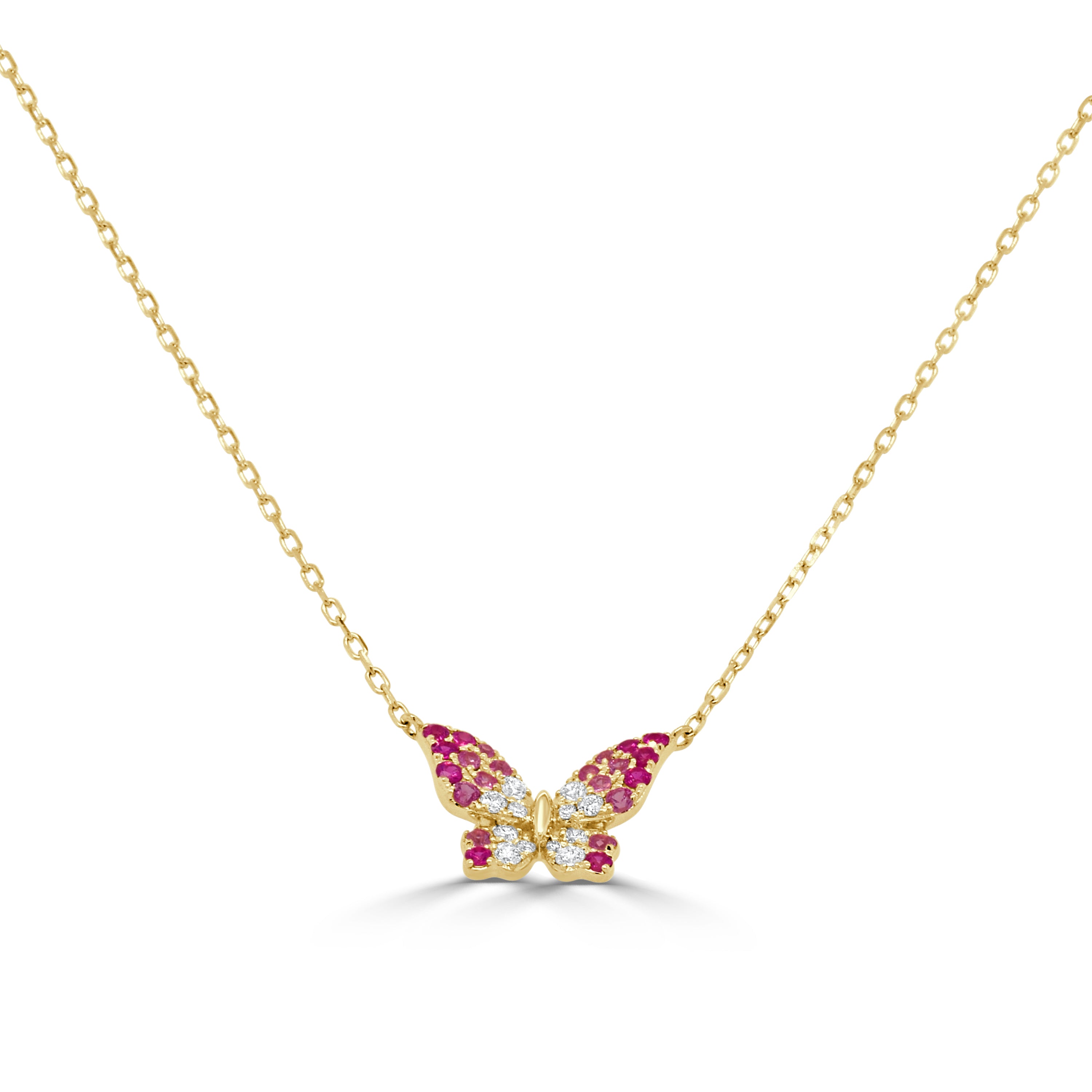 14K Gold Diamond & Pink Sapphire Butterfly Necklace - 0.14 CT