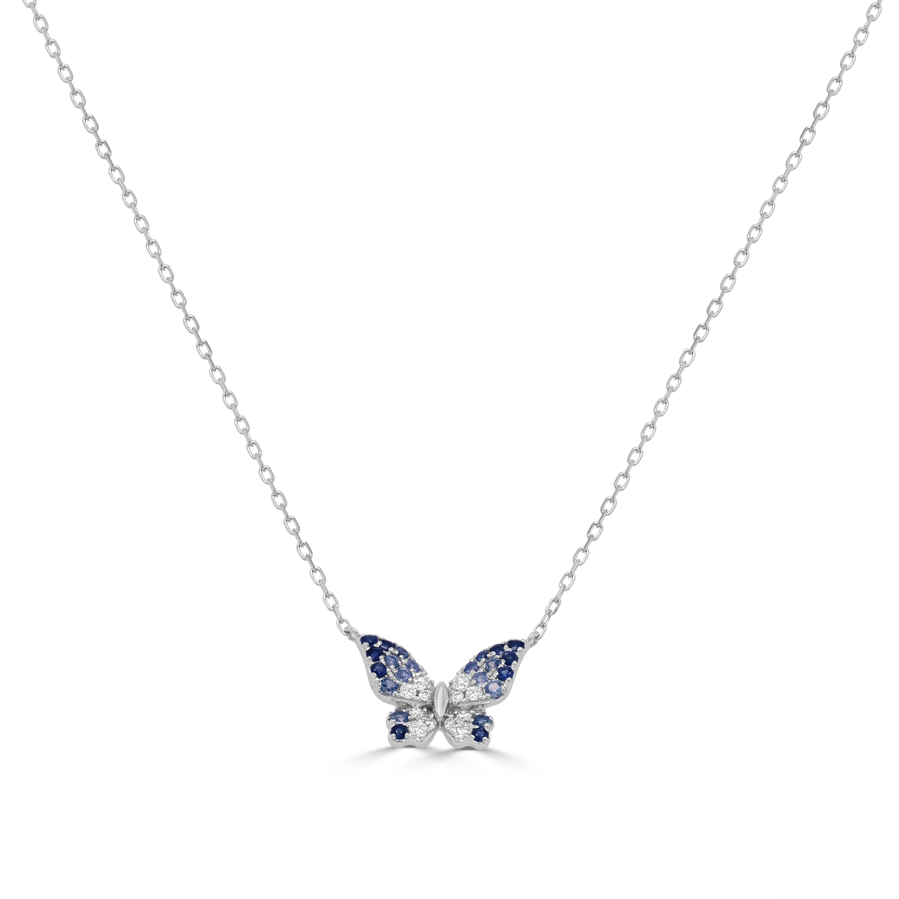14K Gold Diamond & Sapphire Butterfly Necklace - 0.35 CT
