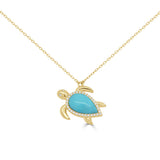 14K Gold Diamond & Turquoise Turtle Necklace - 0.16 CT