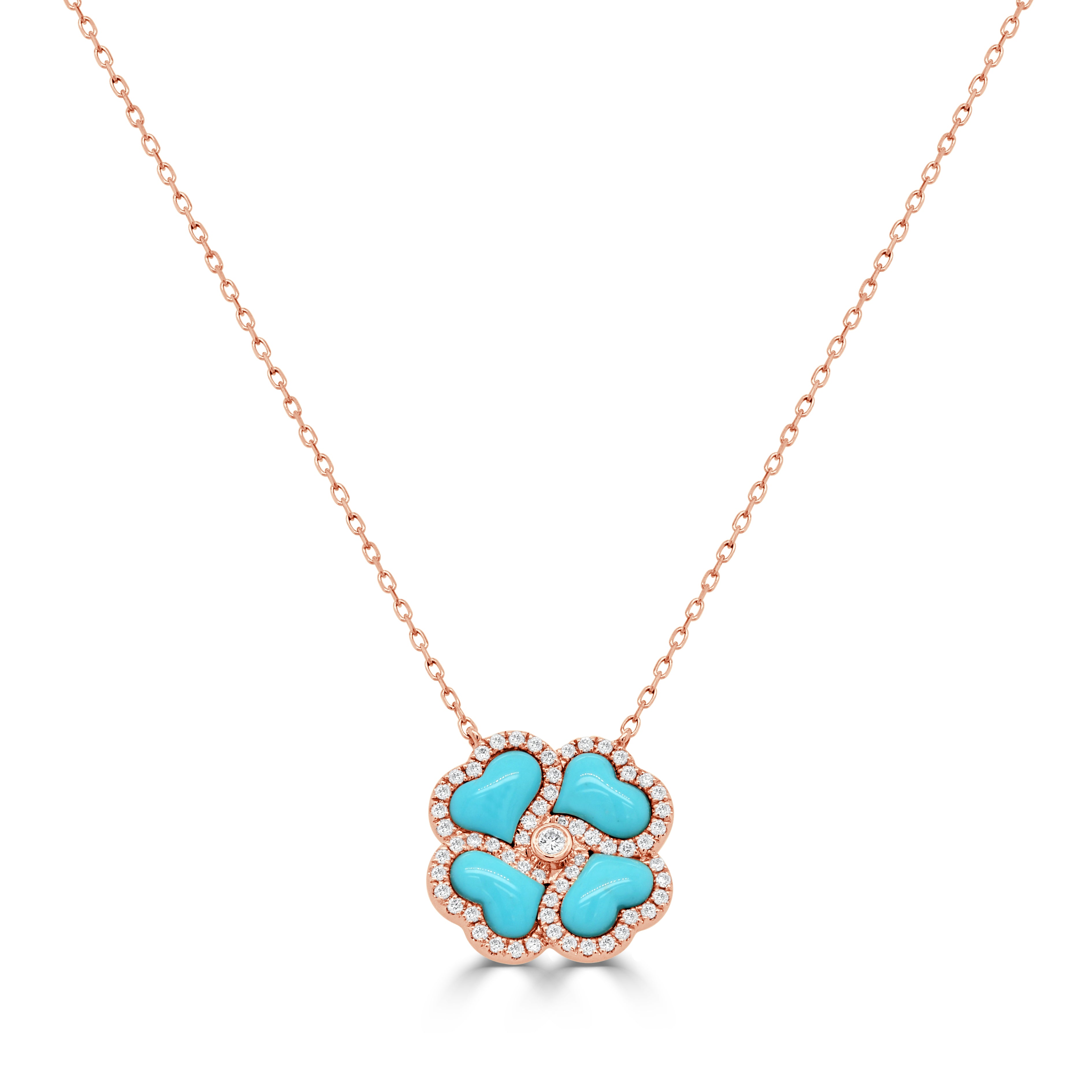 14K Gold Diamond & Turquoise Flower Necklace - 0.37 CT