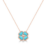 14K Gold Diamond & Turquoise Flower Necklace - 0.37 CT