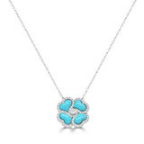 14K Gold Diamond & Turquoise Flower Necklace - 0.37 CT