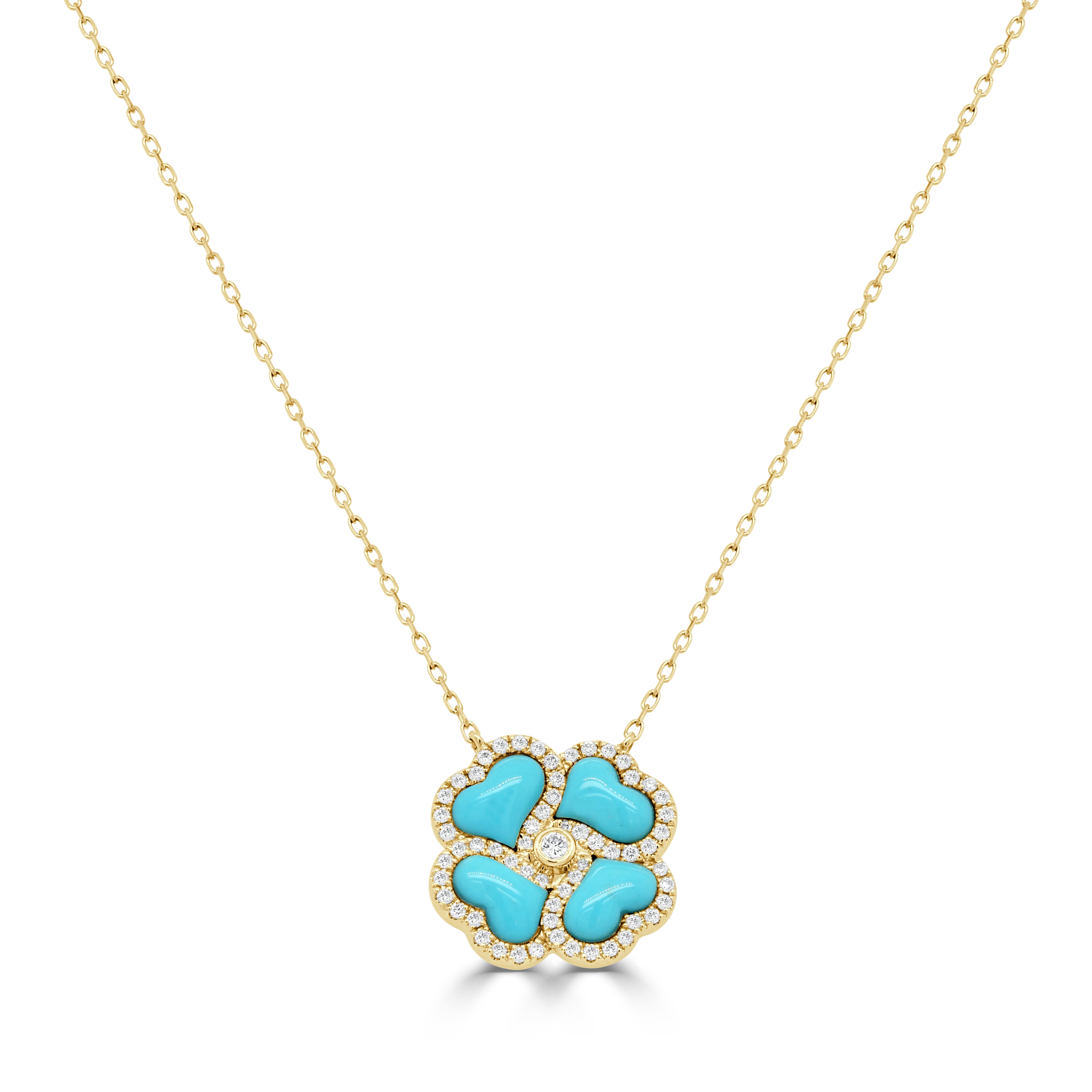14K Gold Diamond & Turquoise Flower Necklace - 0.37 CT