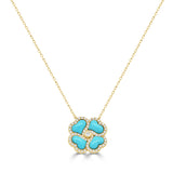 14K Gold Diamond & Turquoise Flower Necklace - 0.37 CT