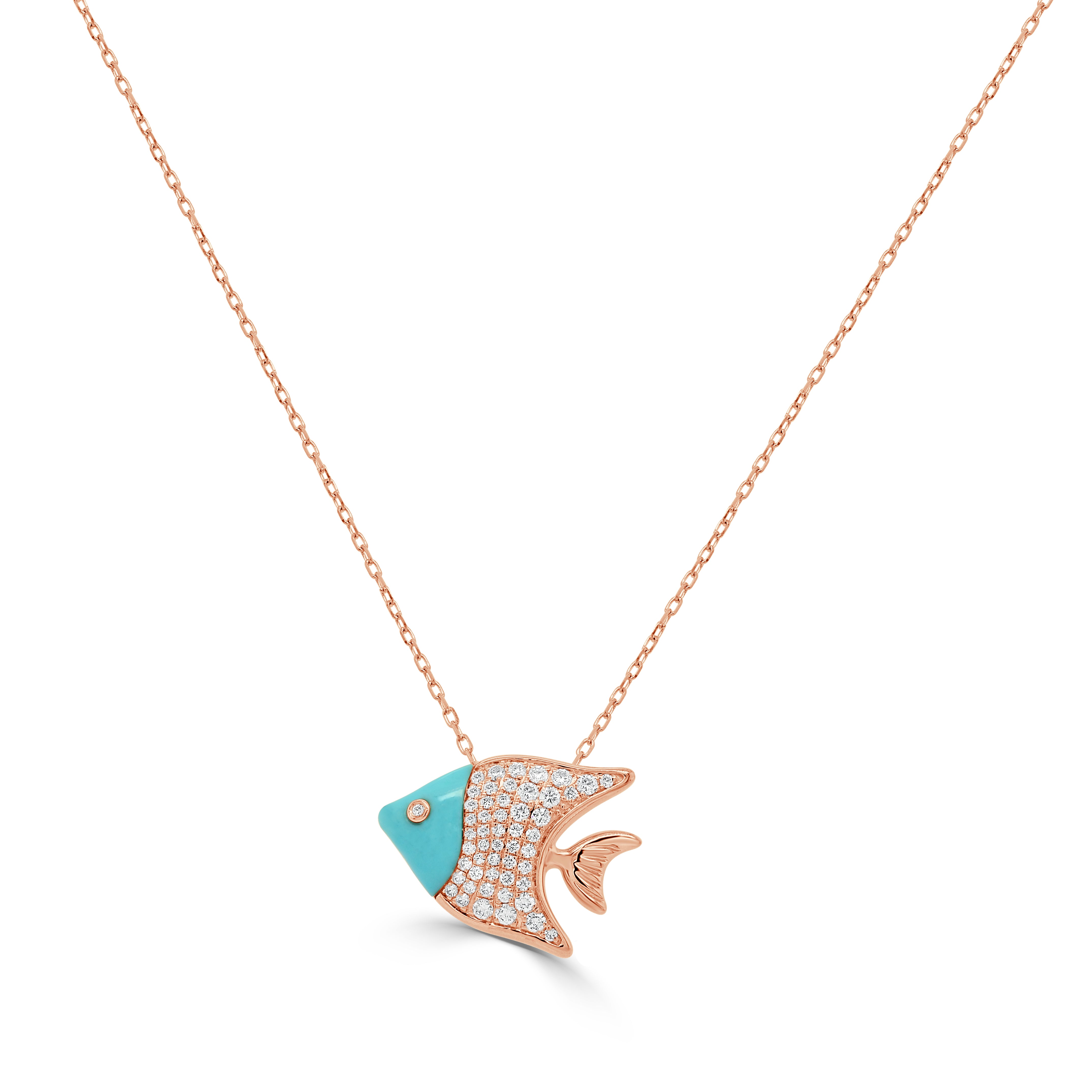 14K Gold Diamond & Turquoise Fish Necklace - 0.39 CT