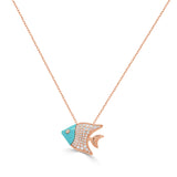 14K Gold Diamond & Turquoise Fish Necklace - 0.39 CT