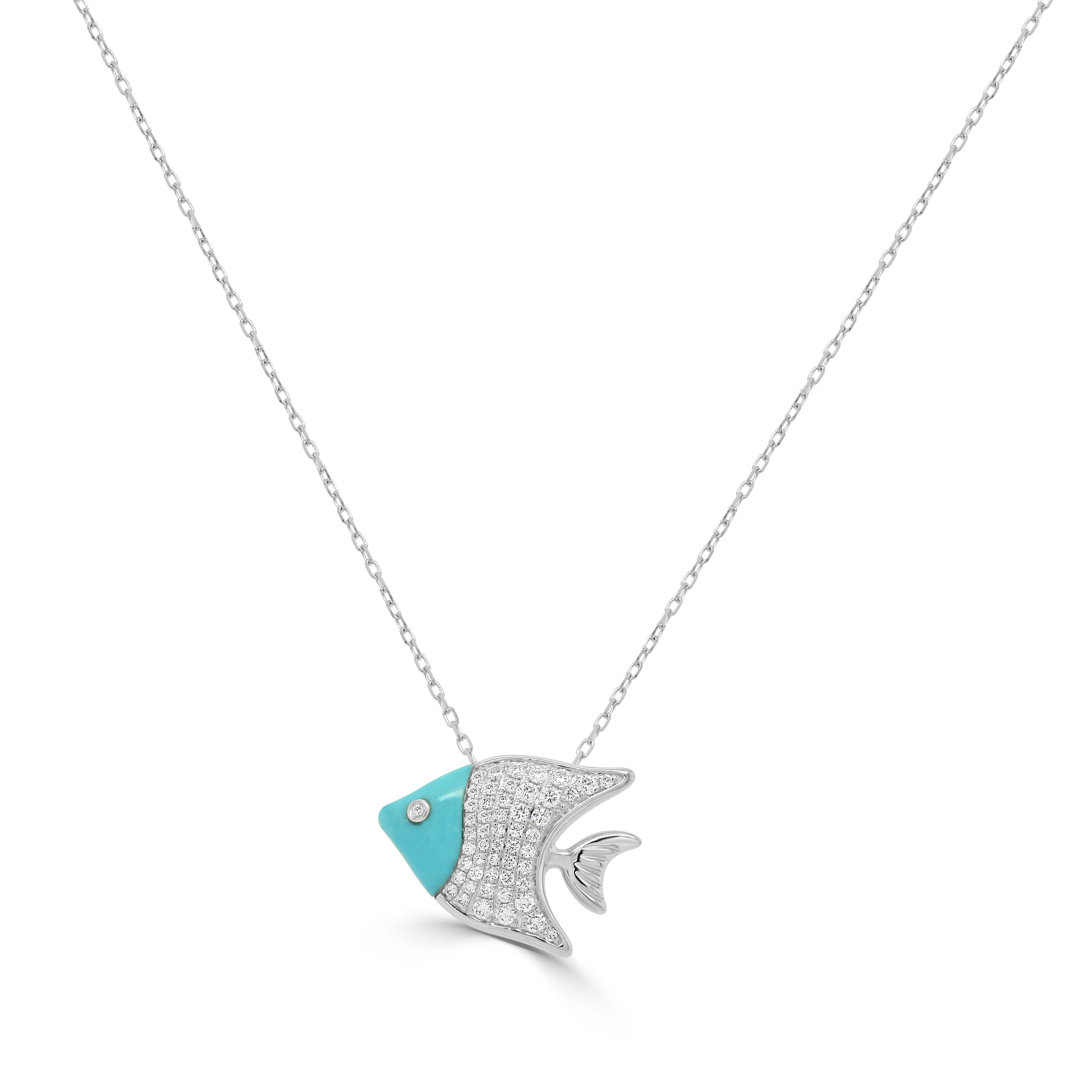14K Gold Diamond & Turquoise Fish Necklace - 0.39 CT