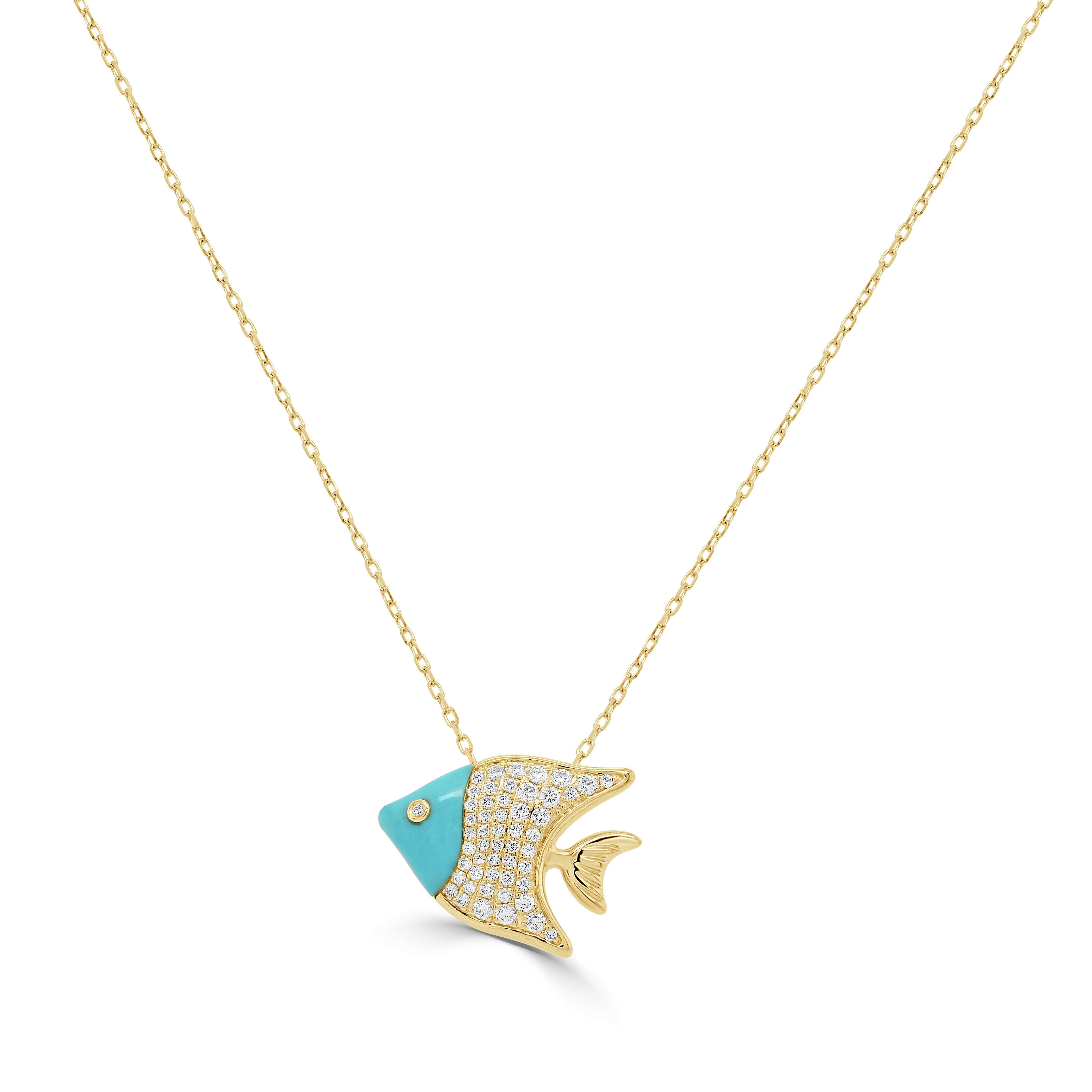 14K Gold Diamond & Turquoise Fish Necklace - 0.39 CT