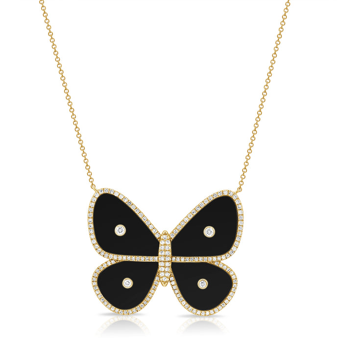 14K Gold Onyx & Diamond Butterfly Necklace