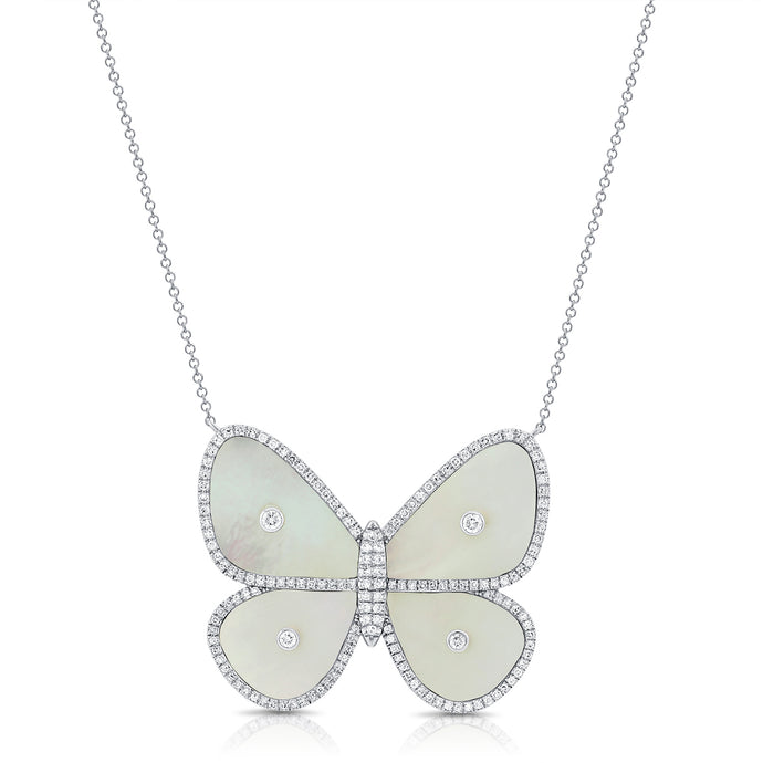 14K Gold Mother of Pearl & Diamond Butterfly Necklace