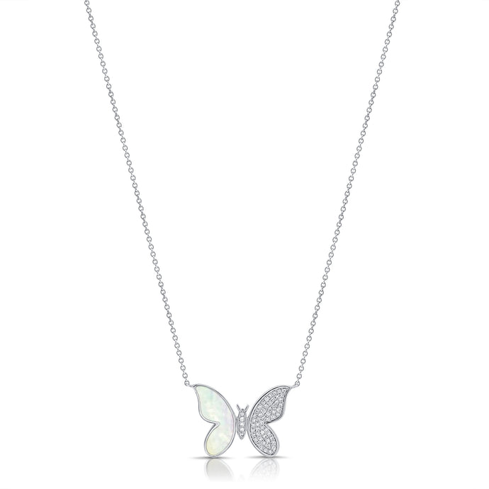 14K Gold Diamond & Mother of Pearl Butterfly Necklace