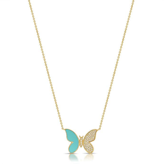 14K Gold Diamond & Turquoise Butterfly Necklace