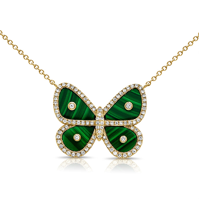 14K Gold Diamond & Malachite Butterfly Necklace