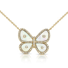 Load image into Gallery viewer, 14K Gold Mother of Pearl &amp; Diamond Butterfly Necklace