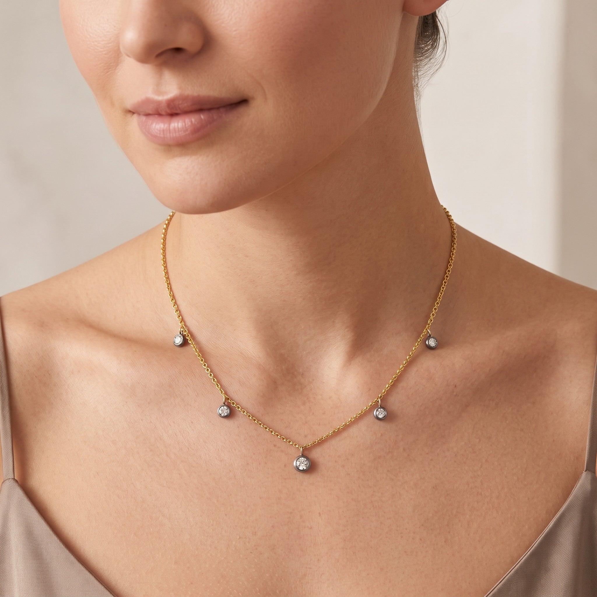 14K Gold Diamond Black Rhodium Station Necklace - 0.79 CT