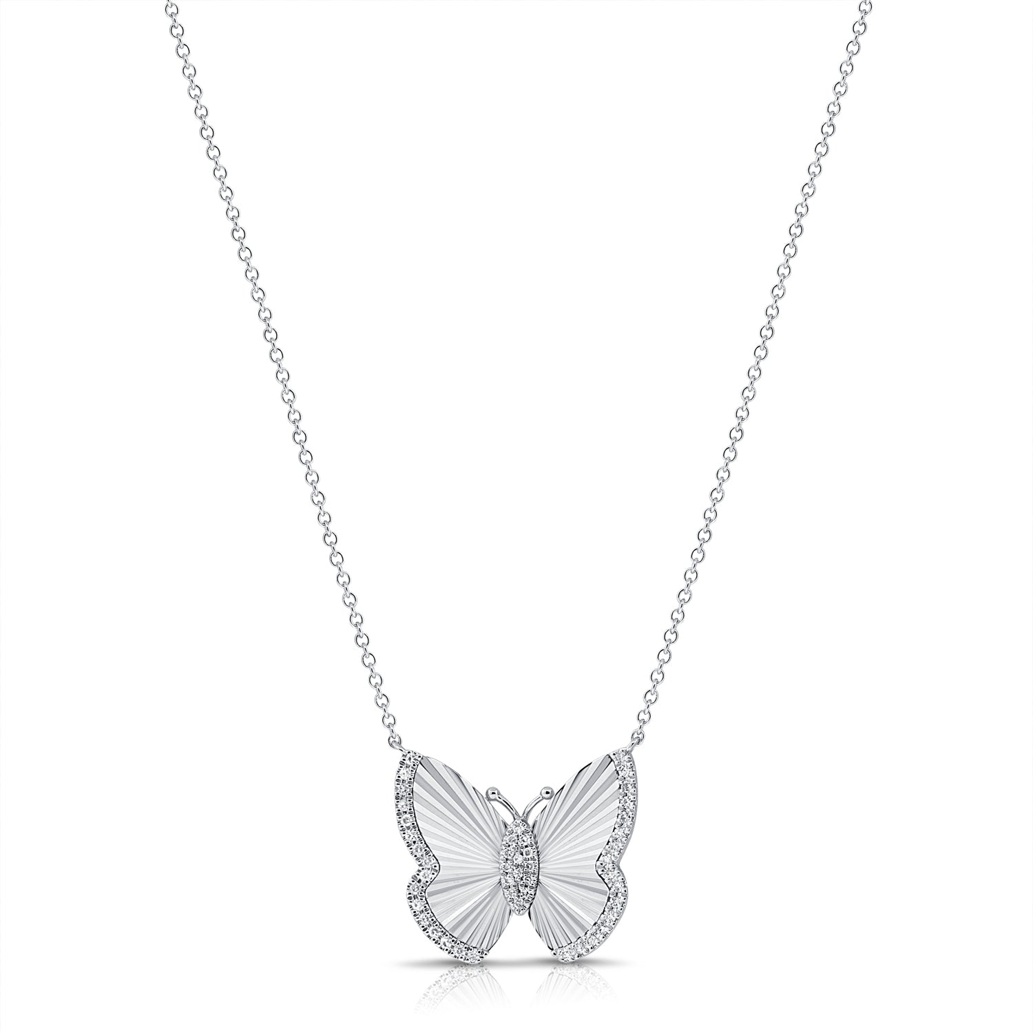 14K Gold Diamond Fluted Butterfly Necklace - 0.11 CT