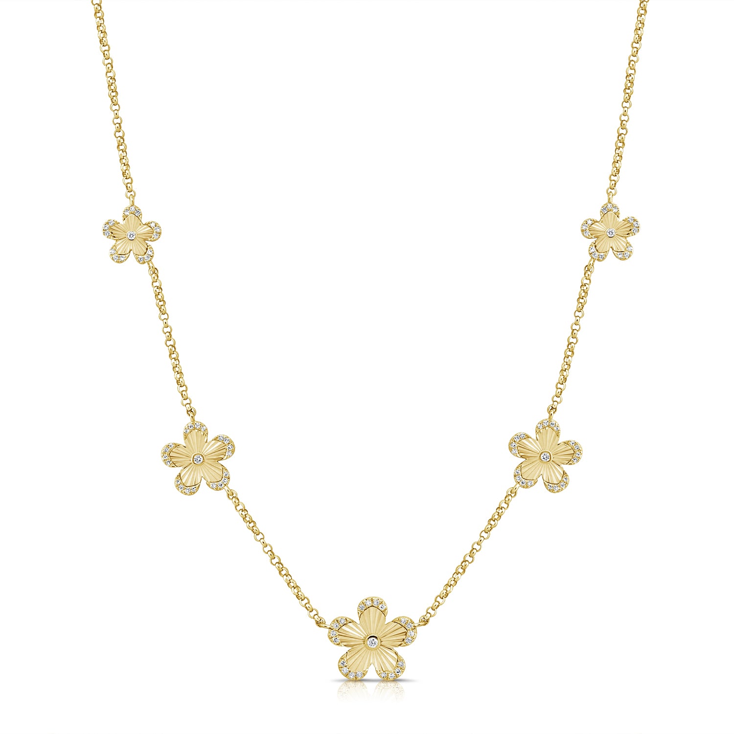 14K Gold Diamond Graduating Flower Station Necklace - 0.26 CT
