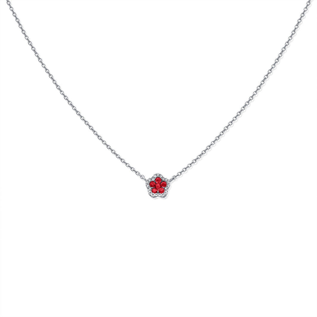 14K Gold Ruby & Diamond Flower Necklace