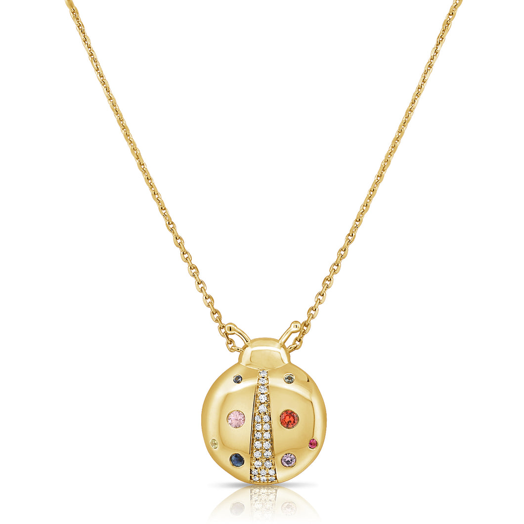 14K Gold Multi Color Gemstone & Diamond Lady Bug Necklace